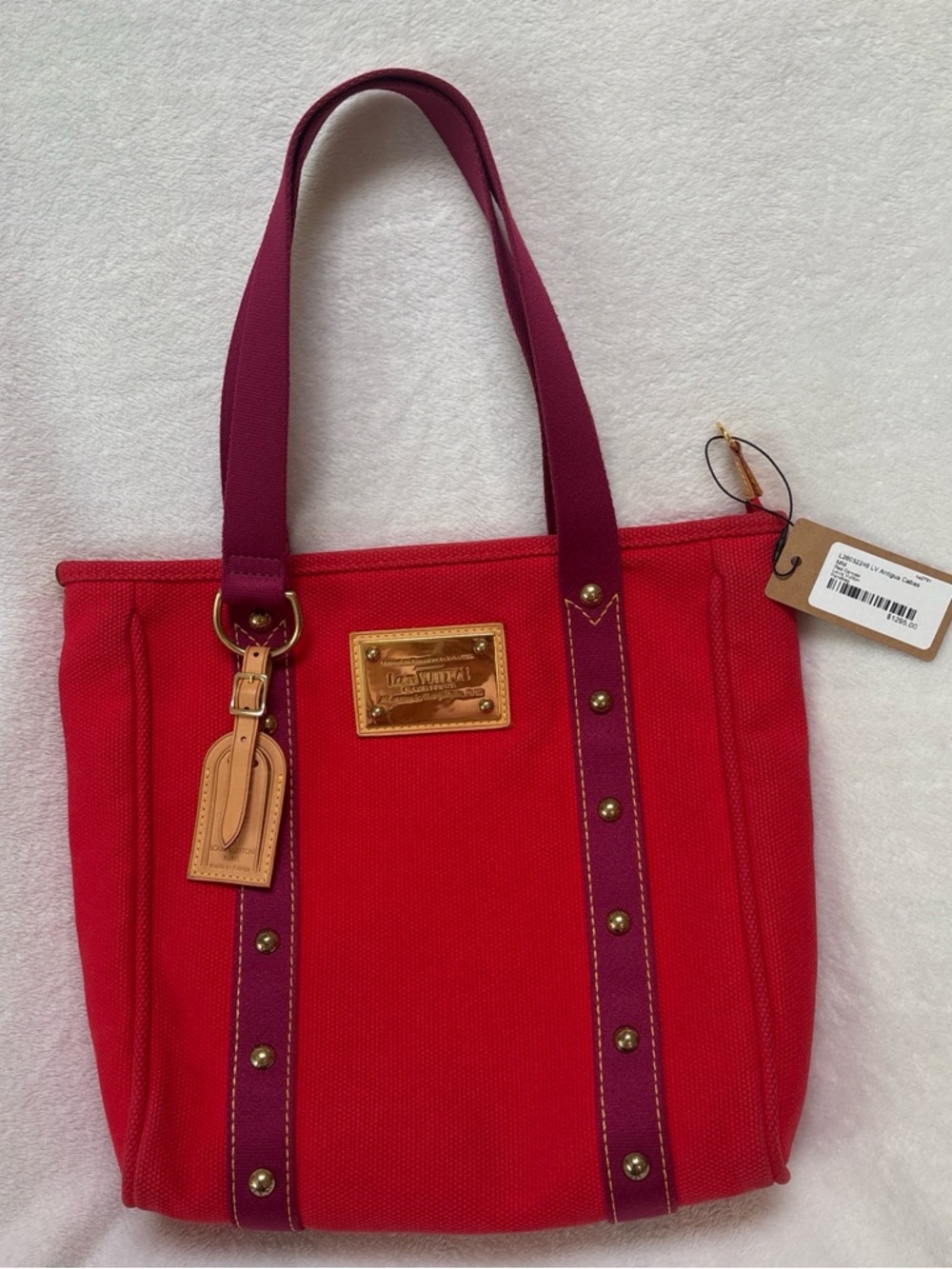 Louis Vuitton Antigua Cabas PM Red Canvas Tote Bag Burgundy Straps Authenticated